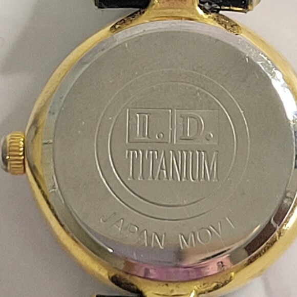 I.D. Titanium Vintage gold tone turquoise face black leather band watch - Picture 2 of 12